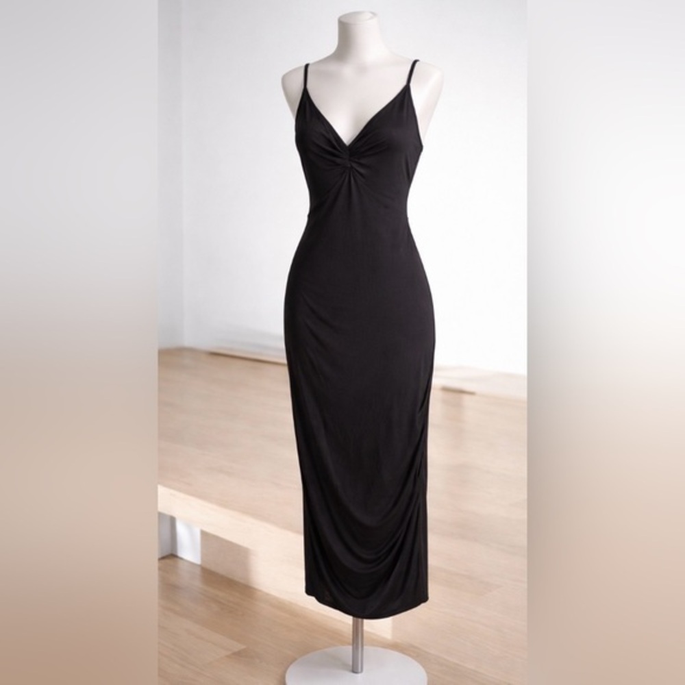 Anthropologie Black Dress Black Twist Front Midi Dress Size Large L fitted